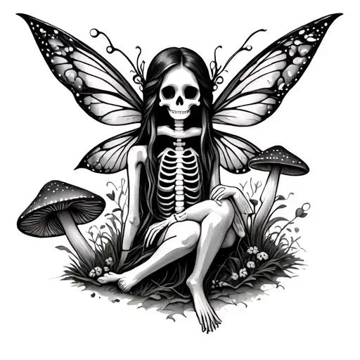 Skeleton Fairy And Mushrooms Growing