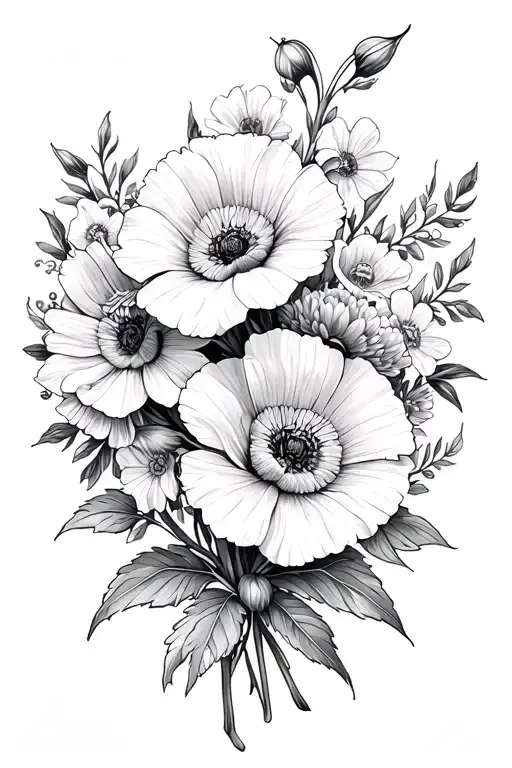 Bouquet Tattoo With Poppy Lilly Of Valley Rose And Chrysanthemum