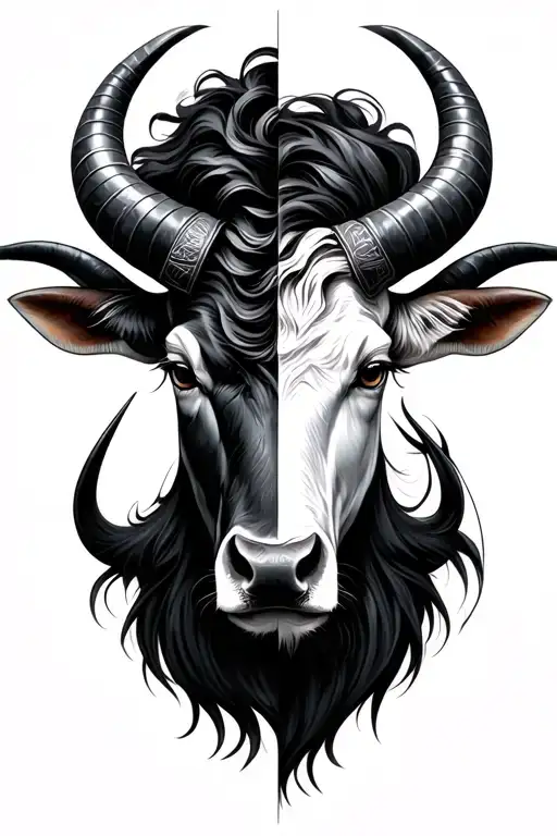 Half Face Of Capricorn And Hlaf Face Taurus Bull