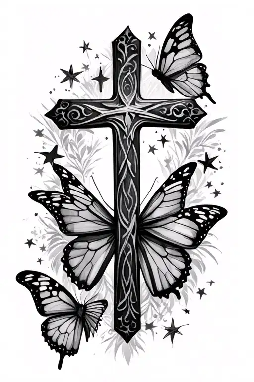 Cross With Butterflies And Stars Shining