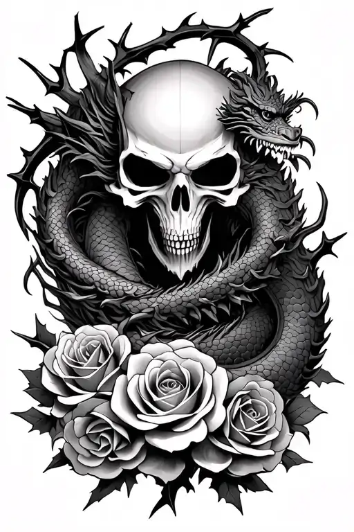 Reaper With Roses And Chinese Dragon And Thorns Wrapped