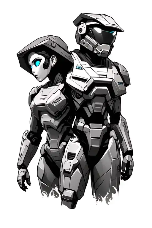 Master Chief And Cortana In Black And White