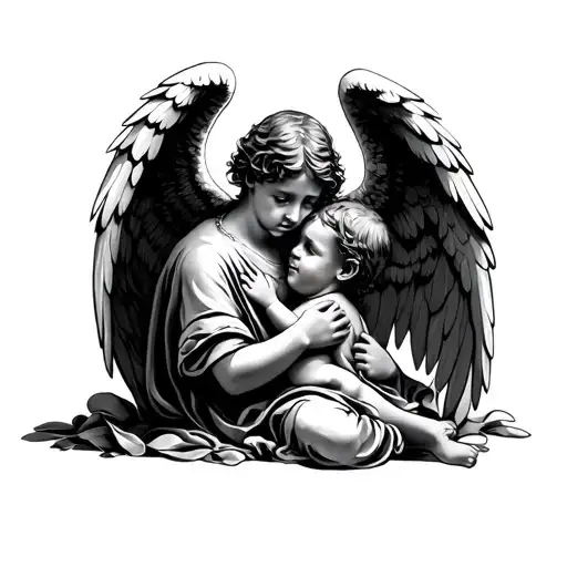 Angel Shielding A Little Boy With Wings