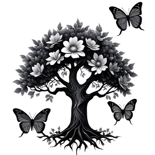 Tree Of Life Tattoo With Flowers Shadows And Butterlfy