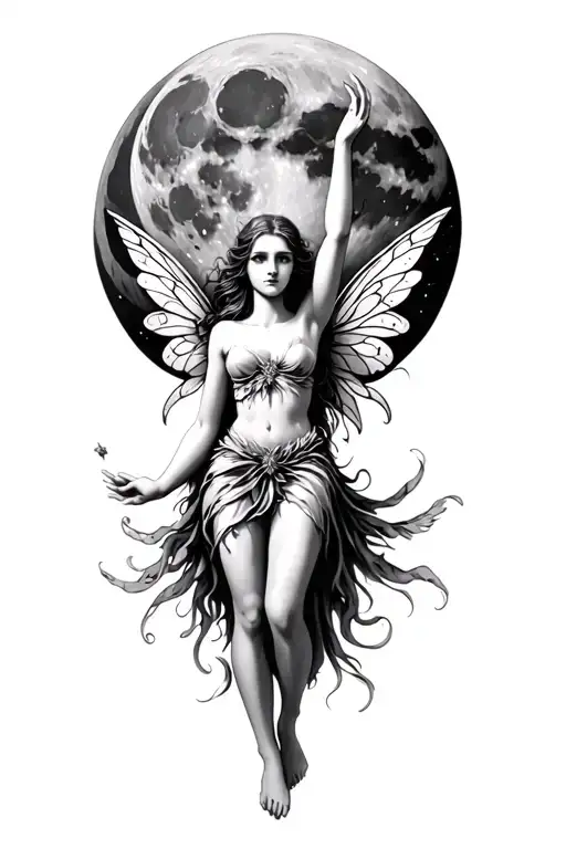 Fairy Reaching For The Full Moon With Both Hands Reaching