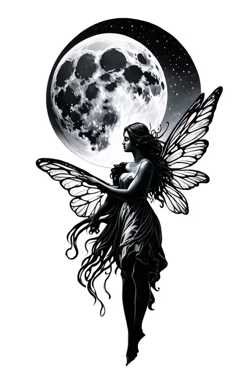 Fairy Reaching For The Full Moon With Both Hands Reaching