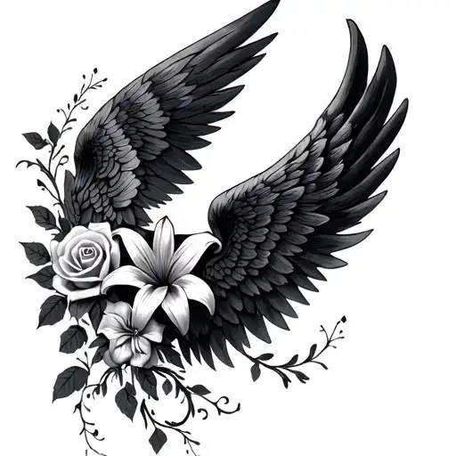 Dark Angel Wing Tattoos With Vines And Lilys And Roses On It