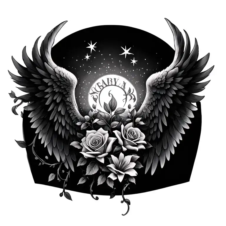 Dark Angel Wing Tattoos With Vines And Lilys And Roses On It With Stars On The Top