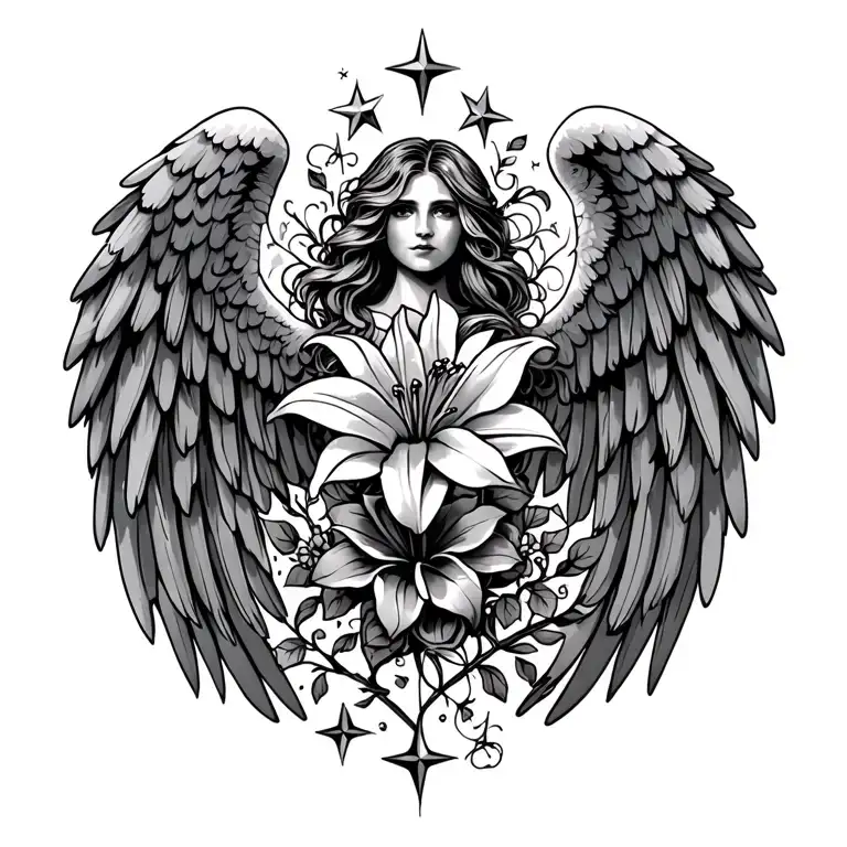 Dark Angel Wing Tattoos With Vines And Lilys And Roses On It With Stars On The Top