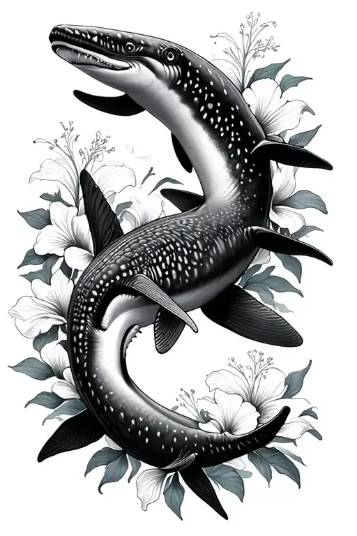 Whale Sharks Swimming And Hibiscus Flowers