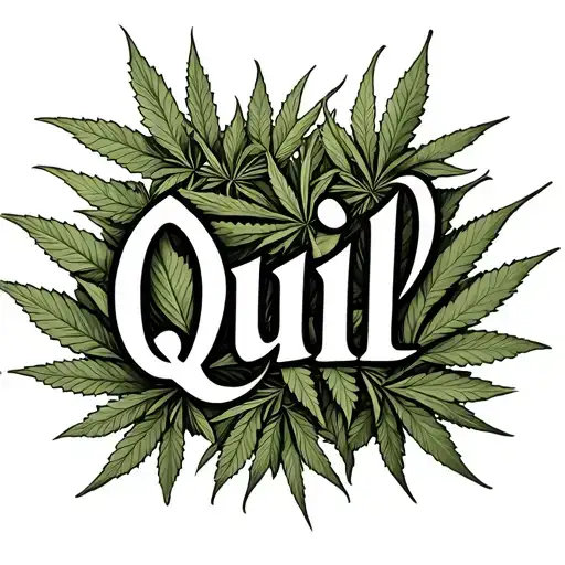 The Word Quill In A Cursive Font And Marijuana Leaves All Over In Tattoo Form
