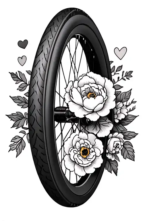 A Mountain Bike Wheel Intertwined With Peonies And Ranunculus Flowers And Hearts