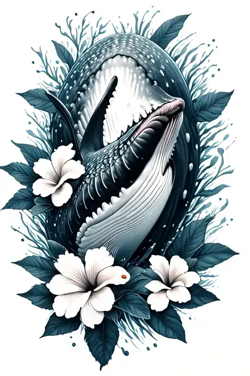 Whale Sharks Swimming Towards Eachother And Hibiscus Flowers