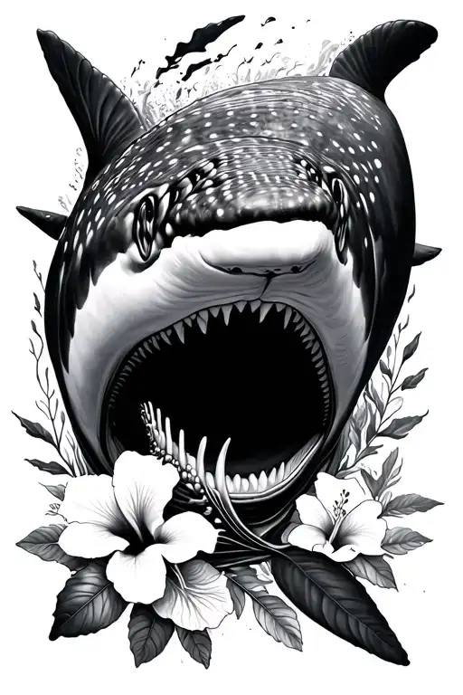 Whale Sharks Swimming Towards Eachother And Hibiscus Flowers