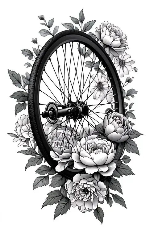 A Mountain Bike Wheel Intertwined With Peonies And Ranunculus Flowers In An Engineering Theme