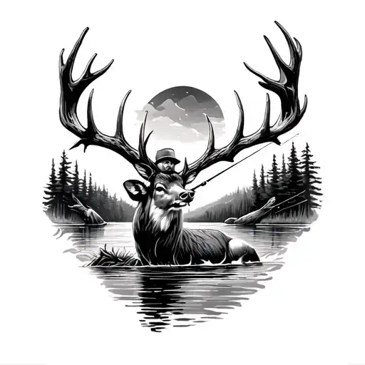Deer Antler With Man Fishing Scene