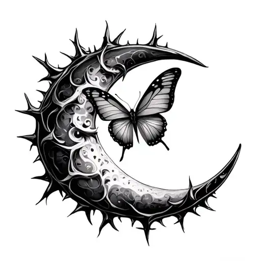 Crescent Moon With Thorns And Butterfly