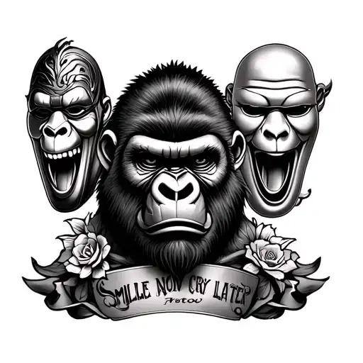 Chest Tattoo With Masks Smile Now Cry Later And On One Side And On The Other Side Big Strong Gorila