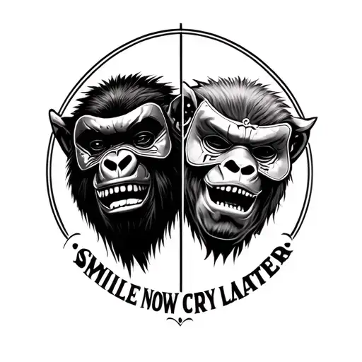 Chest Tattoo With Masks Smile Now Cry Later On One Side And On The Other Side Big Strong Gorila