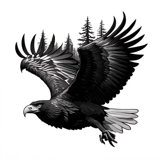 Eagle Flying Over Redwood Trees