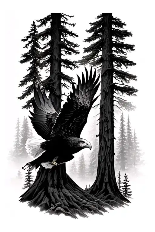 Eagle Flying Over Redwood Trees