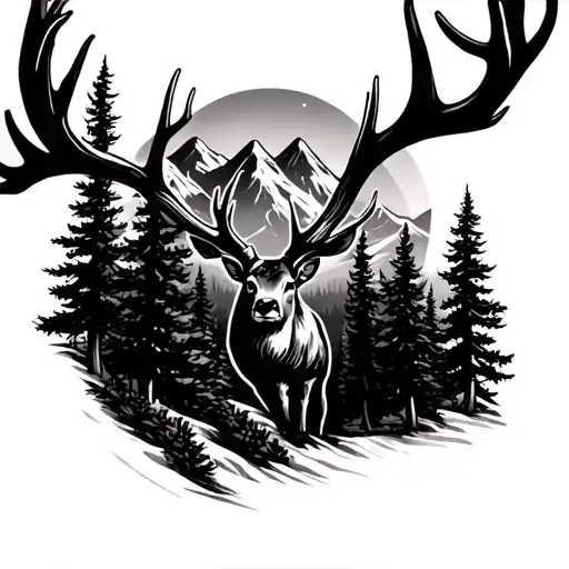 Mountain Pine Trees Surrounded By Antlers