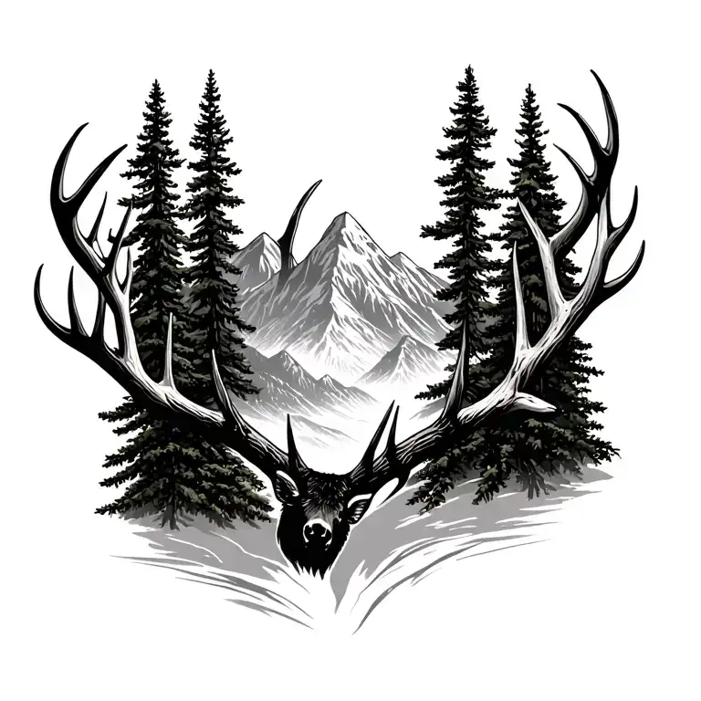 Mountain Pine Trees Surrounded By Antlers Intertwined