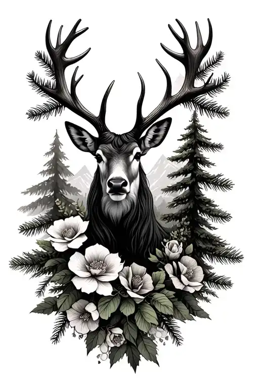 Mountain Pine Trees Surrounded By Antlers Intertwined With Flowers