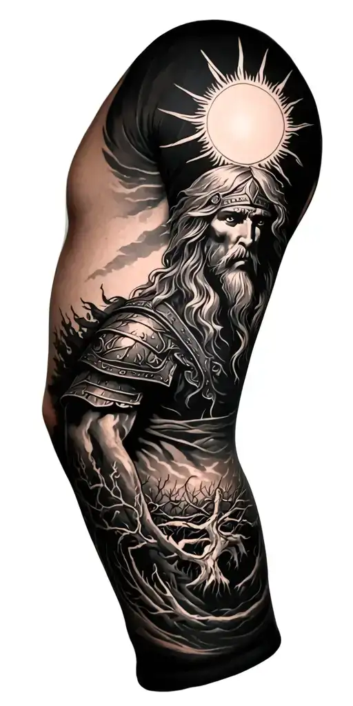 Full Arm Viking Design With Sun On The Shoulder And The Tree Off Life On Forearm