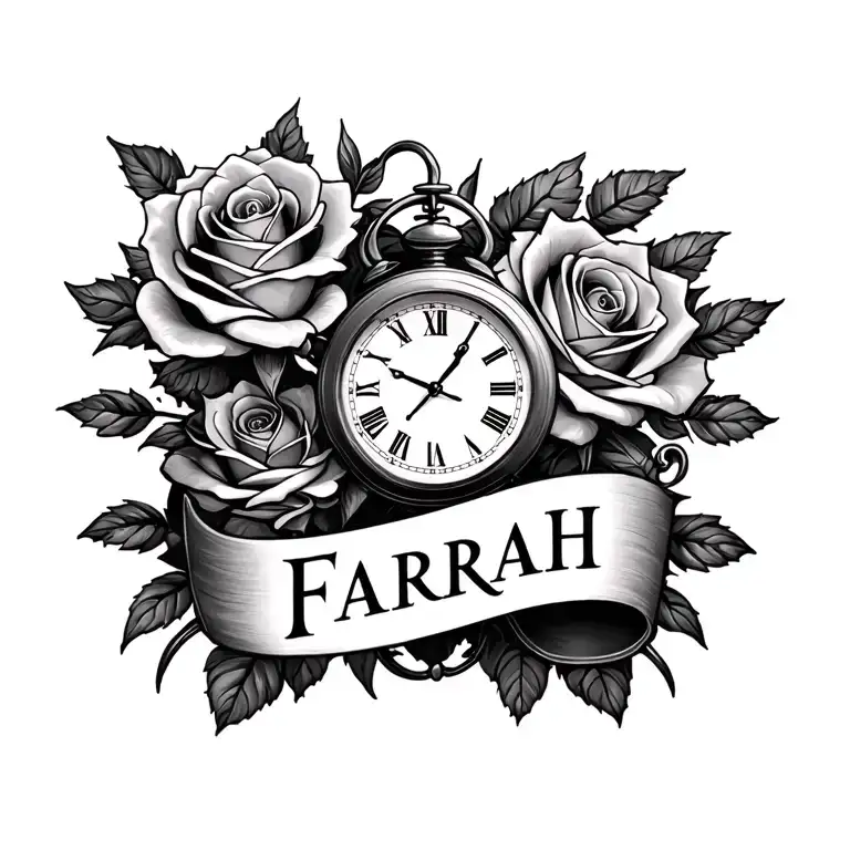 The Name Farrah With Rose And Clock Design