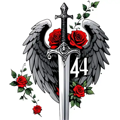 Sword With Angel Wings With Red Rose And Number 444
