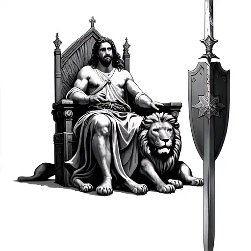 Throne With St Jude Sitting With Him Holding A Sword And Shield And Lions Laying By His Feet