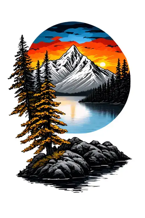 Mountain Trees Colors Sunset Over Lake