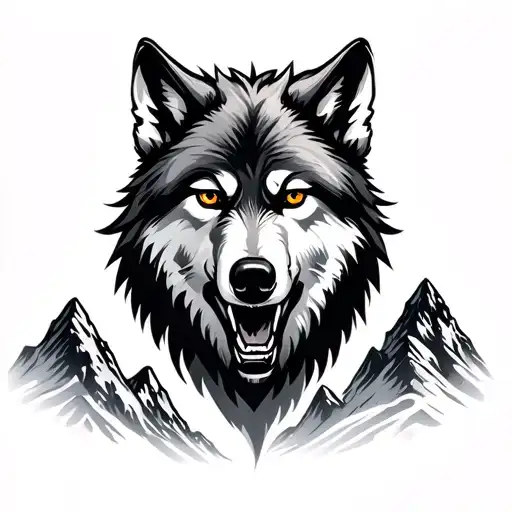Growling Wolf And Mountains