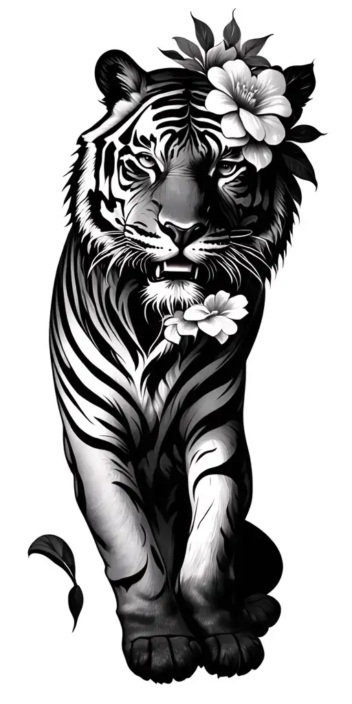 Mad Tiger With Flowers Around It