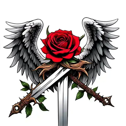 Angel Wings And Sword With Red Rose And Thorns Wrapped