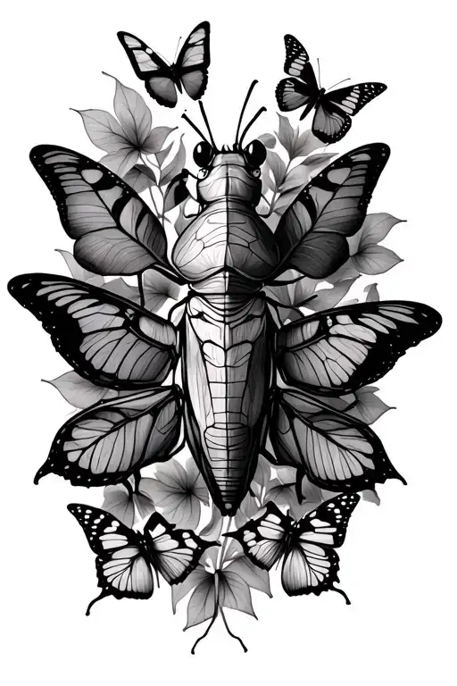 Leaf Insect With Butterflies Surrounding