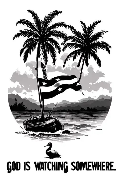 Palm Trees With Puerto Rico Flag And God Is Watching Quote With Hidden Duck Feet Somewhere
