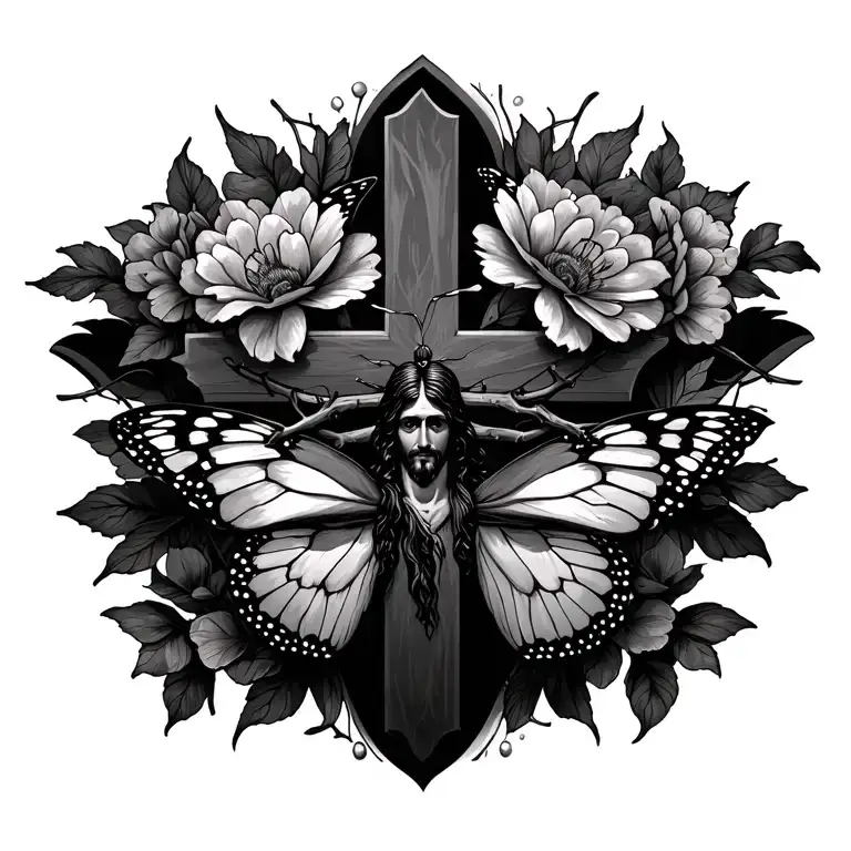 The Continuation Of A Tattoo With Butterflies Floral Patterns Of A Jesus Cross And Thorns