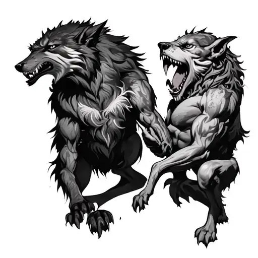 A Haunting Scene Of A Werewolf And Cerberus Facing Off In A Black-grey Style