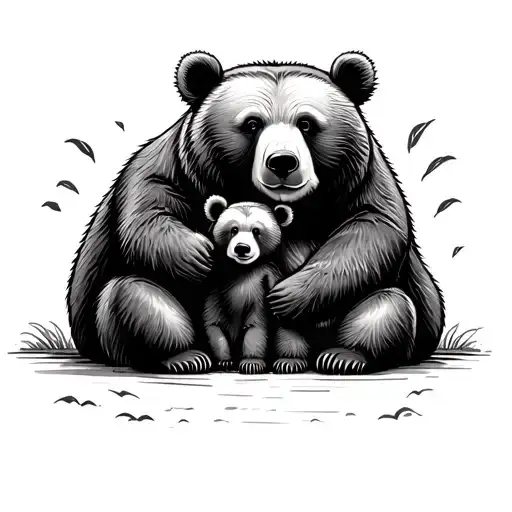 Papa Bear Sitting Next To Baby Bear Sitting Fine Line