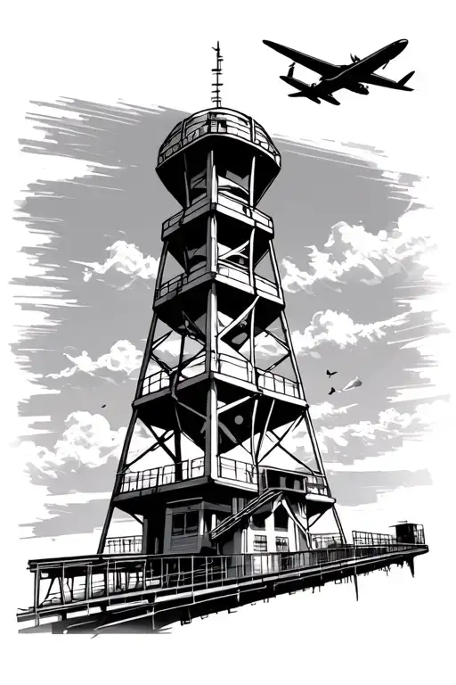Air Traffic Control Tower With Planes Flying