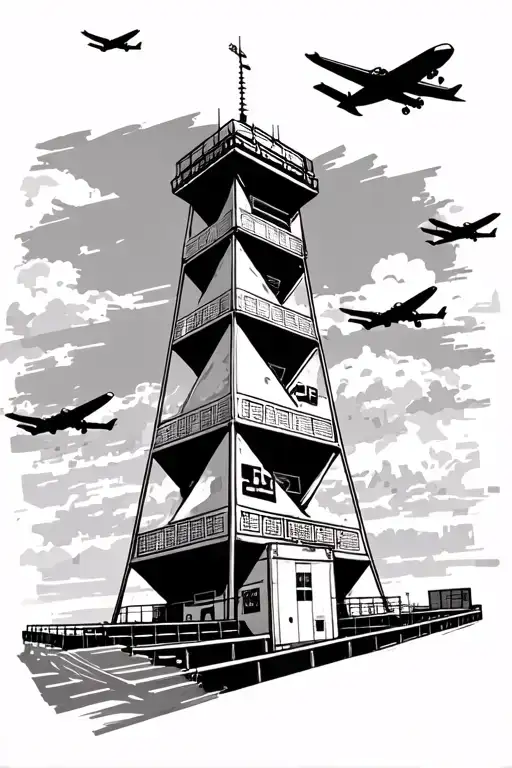 Air Traffic Control Tower With Planes Flying