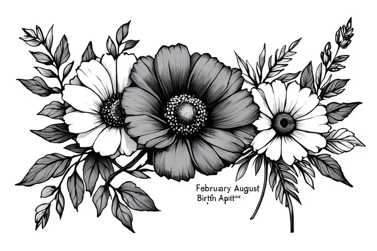 Line Flower Tattoo With Birth Month Flowers From February And August In Black And White