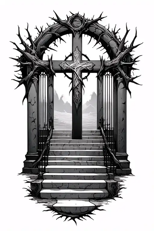 Cross With Thorns And Heavens Gates With Stairs