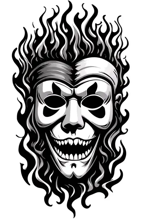 Theater Masks Tragedy And Comedy And Flames Surrounding