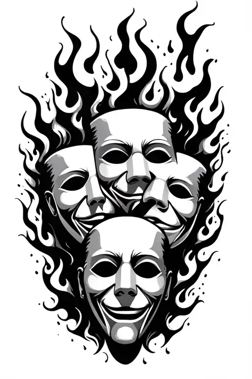 Theater Masks Tragedy And Comedy And Flames Shooting