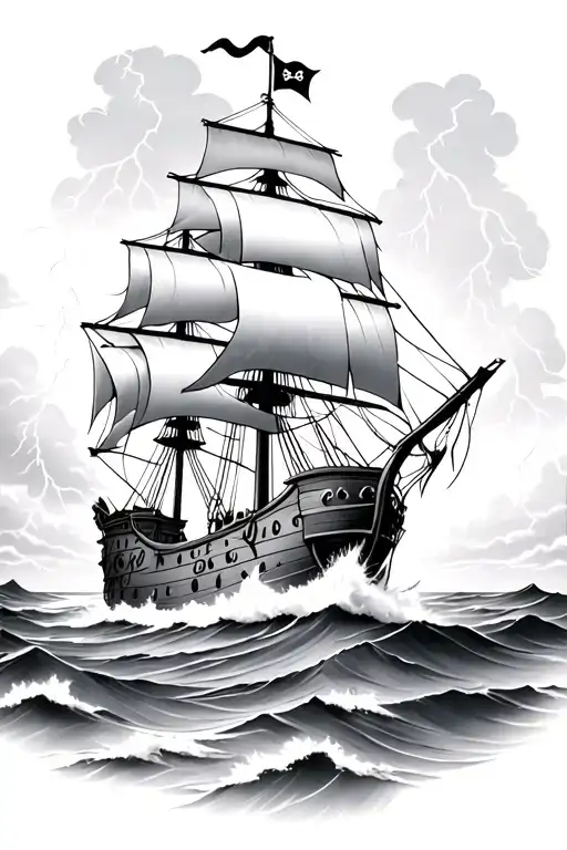 Pirate Ship Sailing In Storm Clouds With Lightning