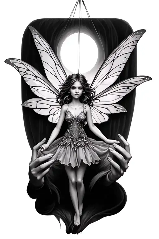 Realistic Fairy Attached To Puppet Strings With Hands Controling It