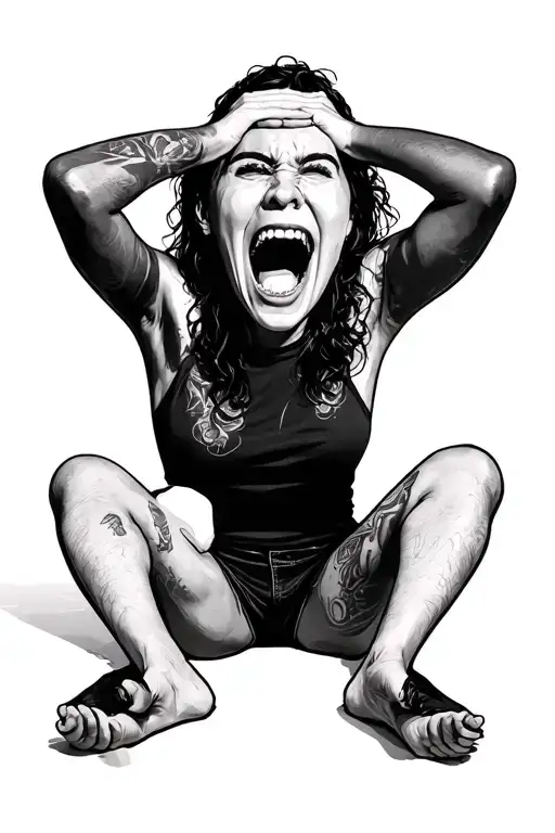 A Person Sitting On The Floor Covering Ears And A Large Face Stretching Out Of It Screaming